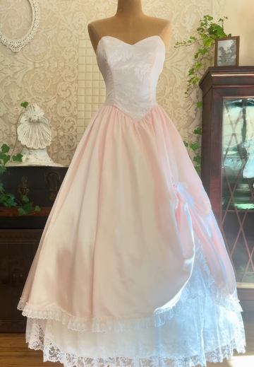 Vintage A Line Sweetheart Neck Lace Light Pink Satin Long Prom Dress Evening Dress HZ1023